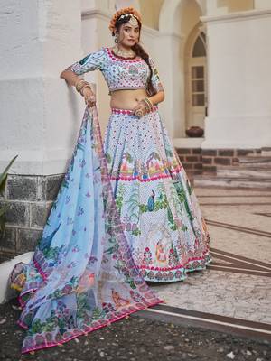 sky blue printed art silk festival lehenga set choli with dupatta 4