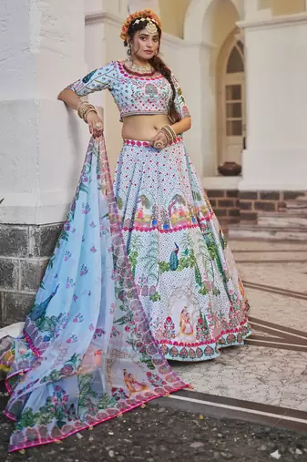 sky blue printed art silk festival lehenga set choli with dupatta