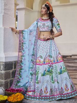sky blue printed art silk festival lehenga set choli with dupatta 5