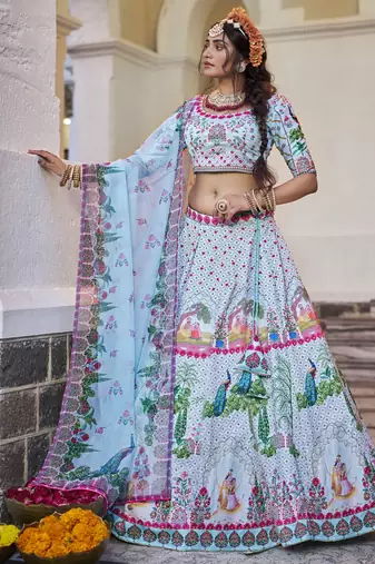 sky blue printed art silk festival lehenga set choli with dupatta