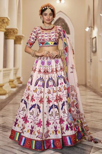Off-White Printed Art Silk Lehenga Choli With Dupatta