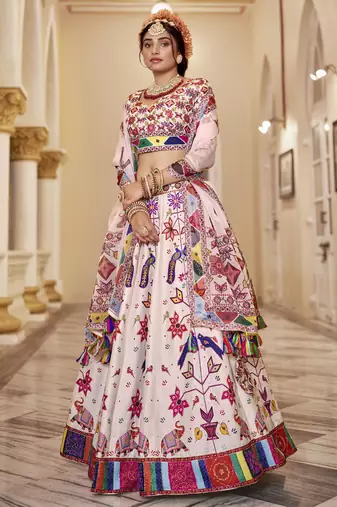 off white printed art silk lehenga set choli with dupatta with dupatta