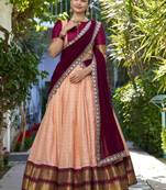 Peach Zari Weaving Silk Onam Special Half Saree Lehenga