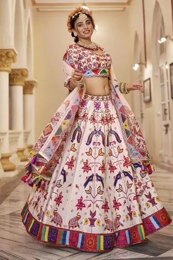 off white printed art silk lehenga set choli with dupatta with dupatta