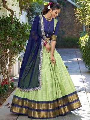 Pista Green Zari Weaving Art Silk Traditional Half Saree Lehenga 3
