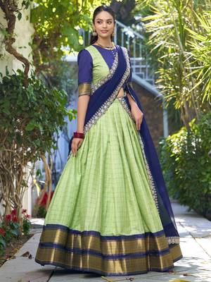 Pista Green Zari Weaving Art Silk Traditional Half Saree Lehenga 4