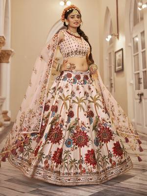 off white printed traditional lehenga set choli with dupatta with organza dupatta 3