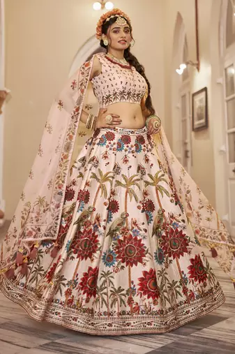 off white printed traditional lehenga set choli with dupatta with organza dupatta