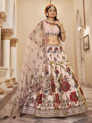 off white printed traditional lehenga set choli with dupatta with organza dupatta 4