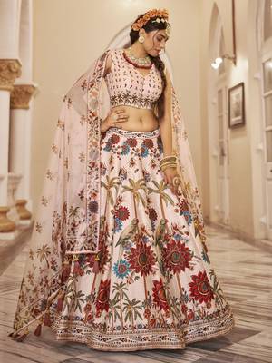 off white printed traditional lehenga set choli with dupatta with organza dupatta 5