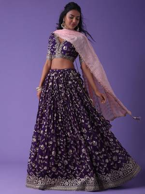 purple zari embroidered georgette lehenga set choli with dupatta with dupatta 2