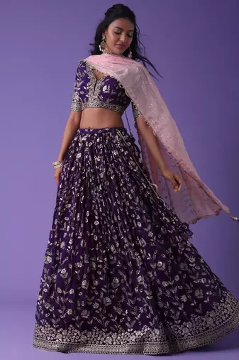 purple zari embroidered georgette lehenga set choli with dupatta with dupatta