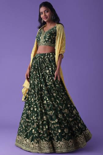 Green Zari Embroidered Georgette Mehendi Wear Lehenga Choli