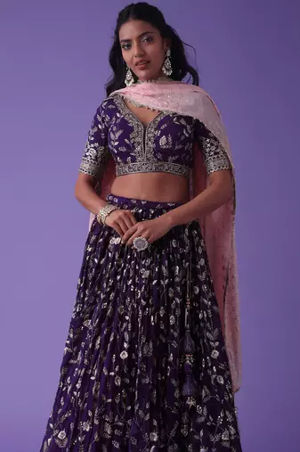 purple zari embroidered georgette lehenga set choli with dupatta with dupatta
