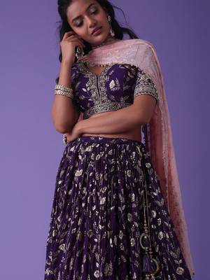 purple zari embroidered georgette lehenga set choli with dupatta with dupatta 4