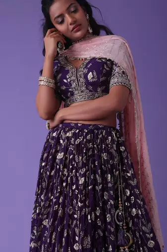 purple zari embroidered georgette lehenga set choli with dupatta with dupatta