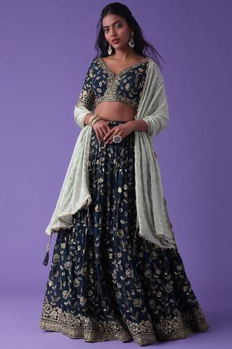 Blue Dori Work Georgette Wedding Lehenga Choli With Dupatta