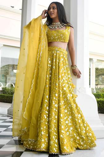 yellow thread embroidered georgette wedding lehenga set choli with dupatta