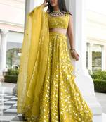 yellow thread embroidered georgette wedding lehenga set choli with dupatta