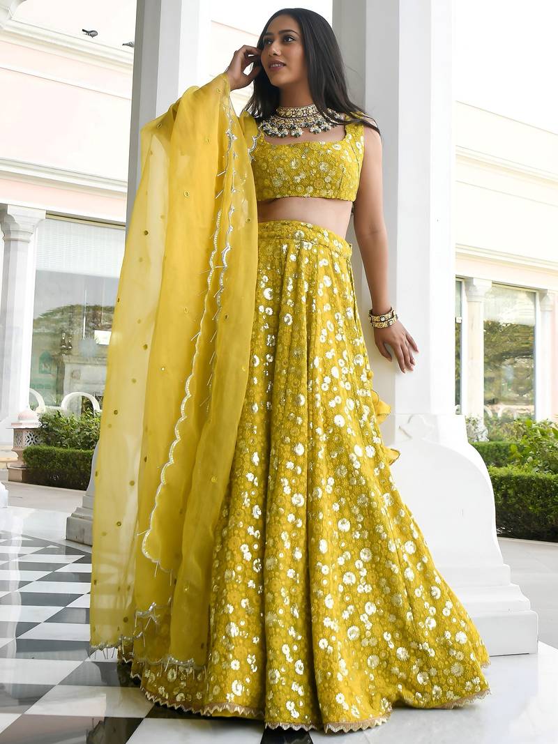 yellow thread embroidered georgette wedding lehenga set choli with dupatta