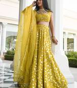 yellow thread embroidered georgette wedding lehenga set choli with dupatta