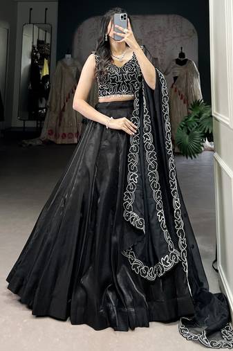 Black Satin Party Wear Lehenga With Pearl Work Blouse