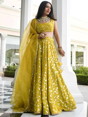 yellow thread embroidered georgette wedding lehenga set choli with dupatta 2
