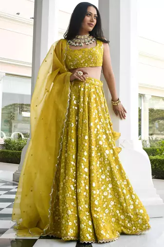 yellow thread embroidered georgette wedding lehenga set choli with dupatta