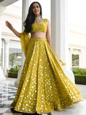 yellow thread embroidered georgette wedding lehenga set choli with dupatta 3