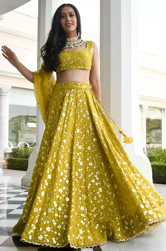 yellow thread embroidered georgette wedding lehenga set choli with dupatta