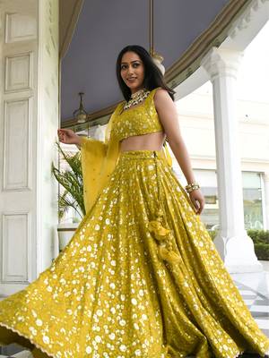 yellow thread embroidered georgette wedding lehenga set choli with dupatta 4