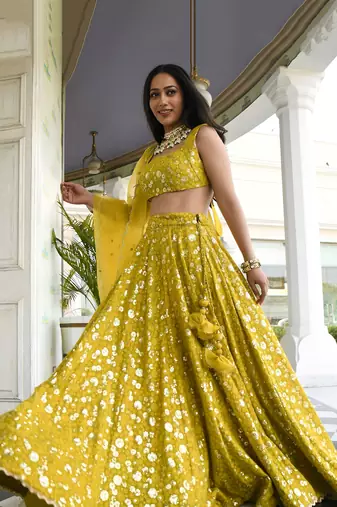 yellow thread embroidered georgette wedding lehenga set choli with dupatta