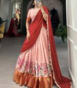 Peach Embroidered Cotton Festival Wear Half Saree Lehenga