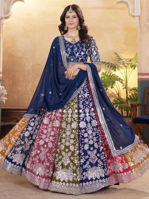 multi color thread embroidered georgette wedding lehenga set choli with dupatta 1