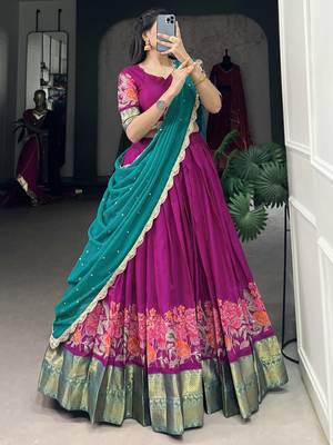 rani pink embroidered cotton event half saree lehenga 4