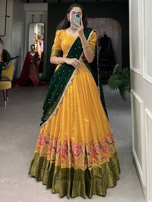 mustard yellow floral embroidered cotton half saree lehenga 1