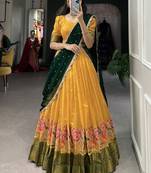 Mustard Yellow Floral Embroidered Cotton Half Saree Lehenga