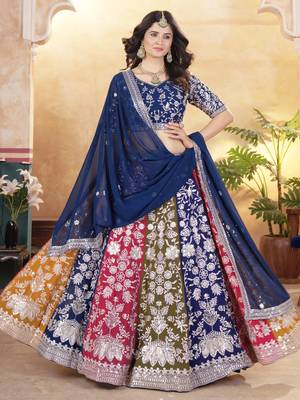 multi color thread embroidered georgette wedding lehenga set choli with dupatta 3