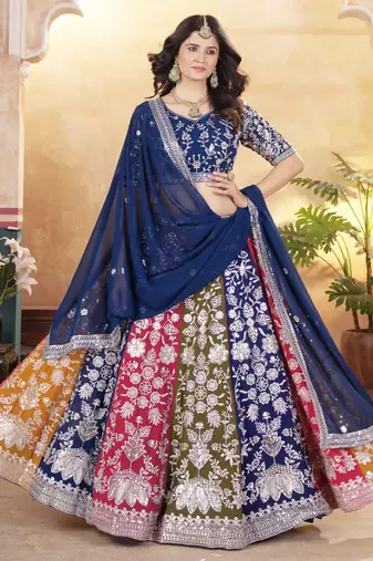 multi color thread embroidered georgette wedding lehenga set choli with dupatta