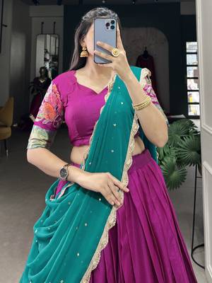 rani pink embroidered cotton event half saree lehenga 5