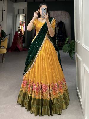 mustard yellow floral embroidered cotton half saree lehenga 2