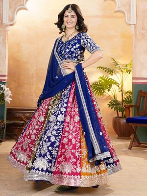multi color thread embroidered georgette wedding lehenga set choli with dupatta 4