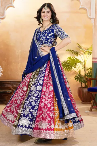 multi color thread embroidered georgette wedding lehenga set choli with dupatta
