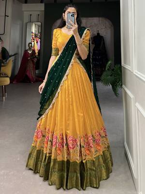 mustard yellow floral embroidered cotton half saree lehenga 3