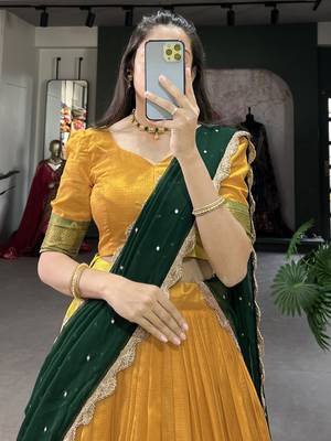 mustard yellow floral embroidered cotton half saree lehenga 4