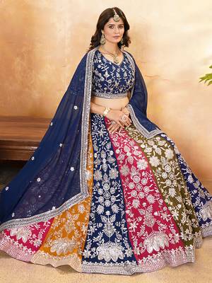 multi color thread embroidered georgette wedding lehenga set choli with dupatta 5