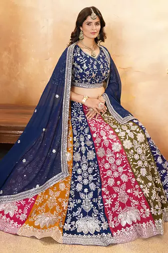 multi color thread embroidered georgette wedding lehenga set choli with dupatta
