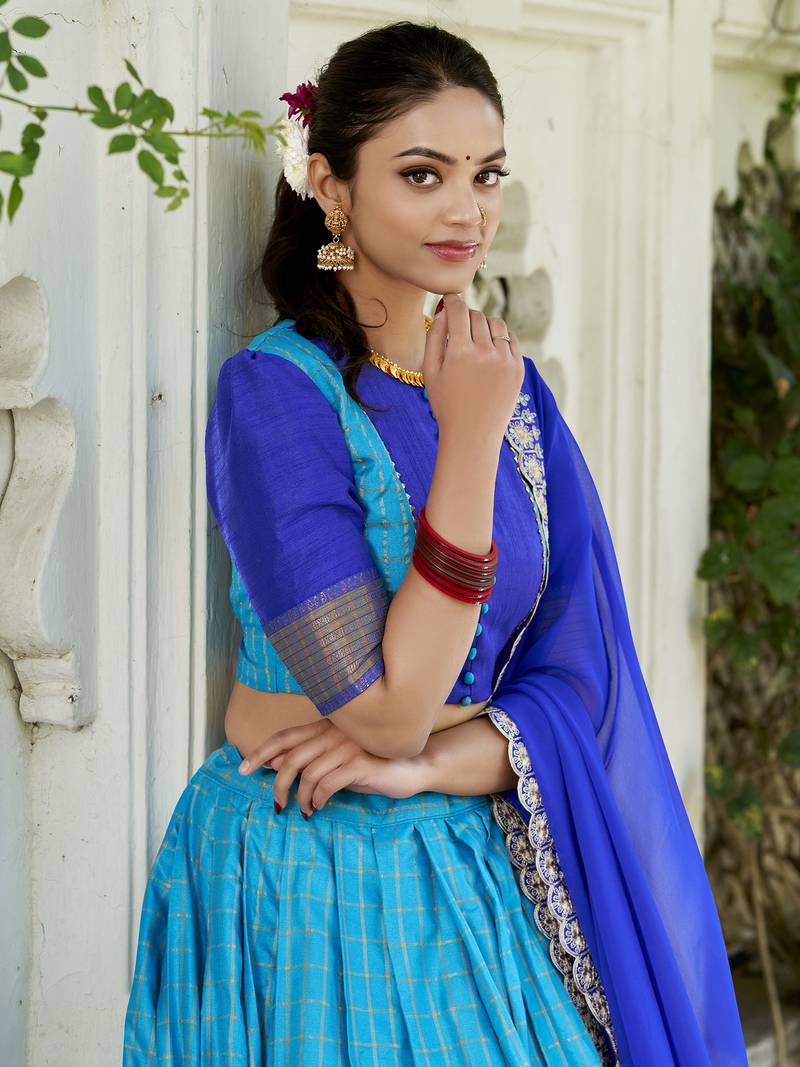 Blue Zari Weaving Art Silk Festival Wear Half Saree Lehenga