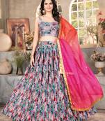 Sea Green Digital Printed Organza Sangeet Wear Lehenga Choli
