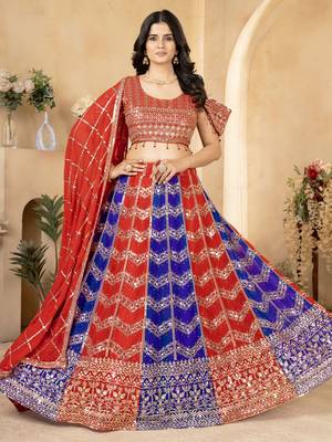 red & blue sequins georgette wedding lehenga set choli with dupatta 1